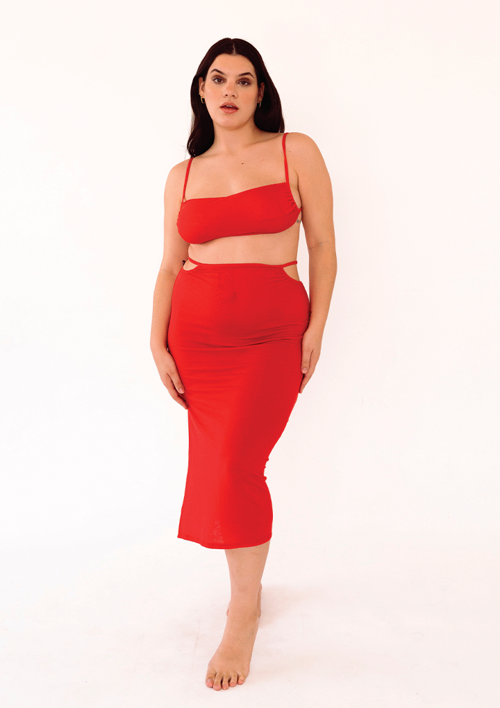 Ruby Red Bandeau top & Cutout Midi Skirt